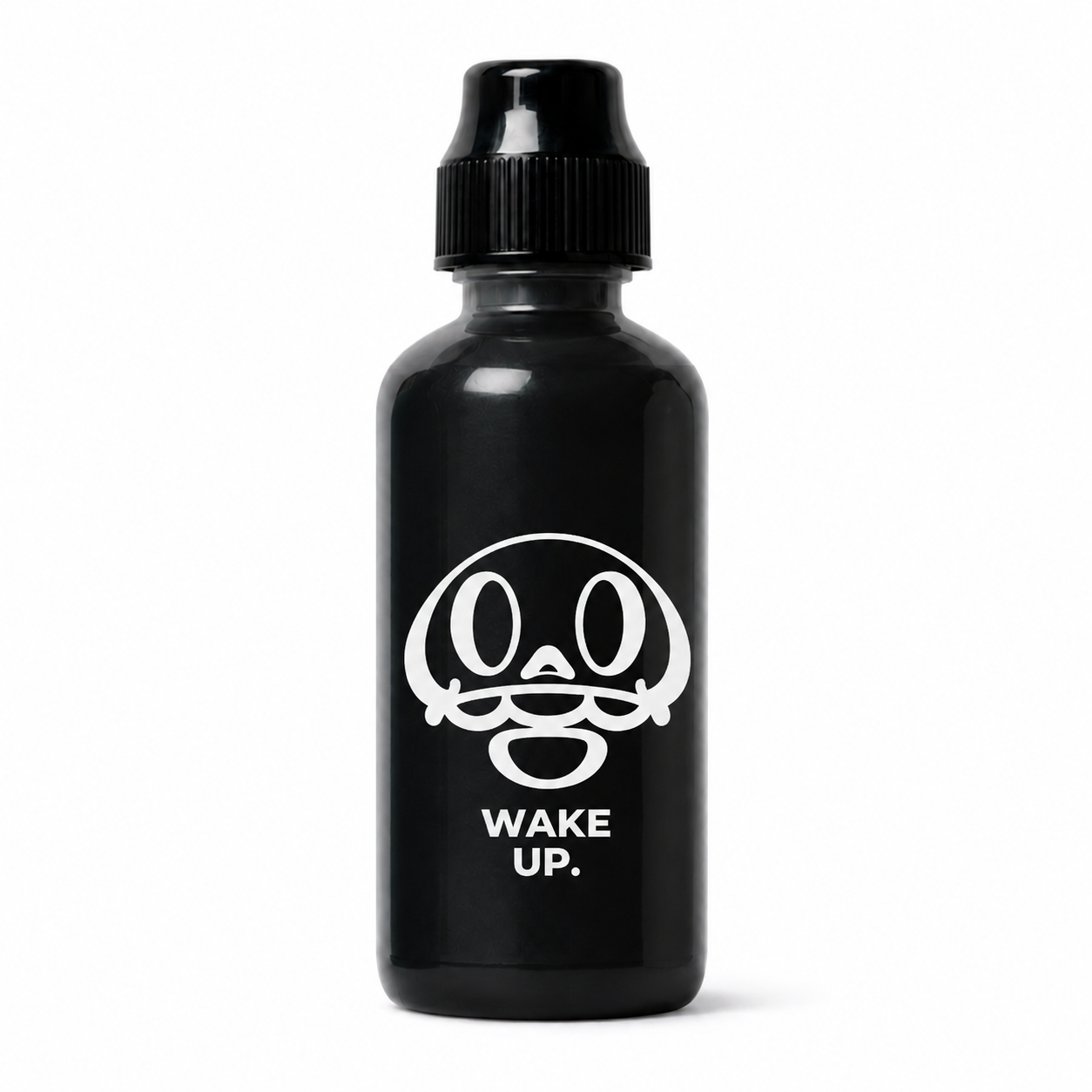 Bote de tinta negra Wake Up con la mascota impresa en blanco