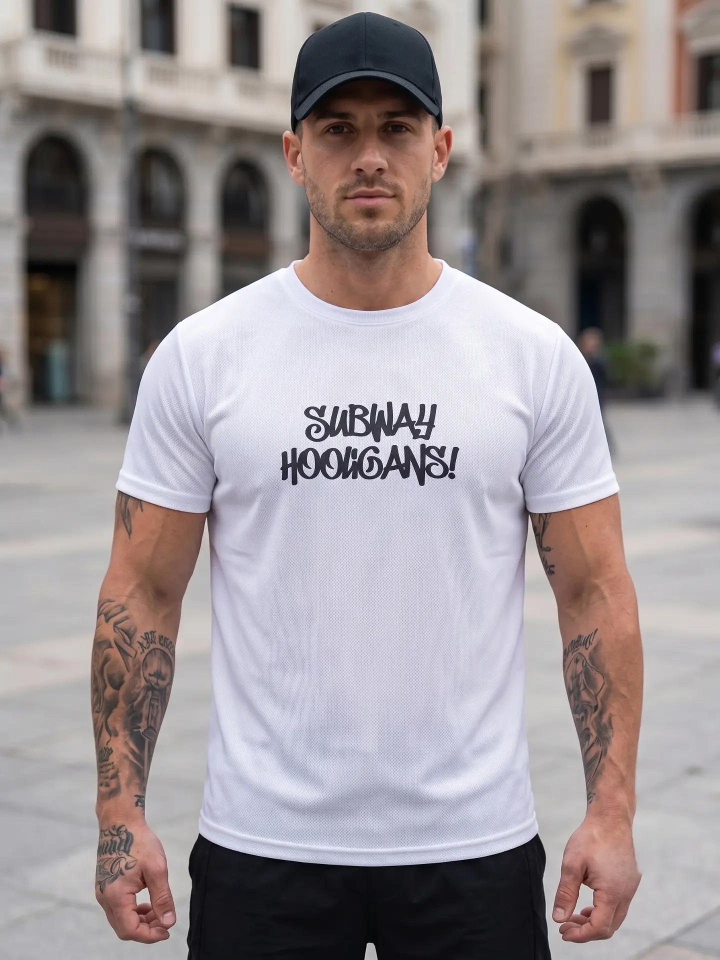 Chico con la camiseta blanca Subway Hooligans de Wake Up vista frontal