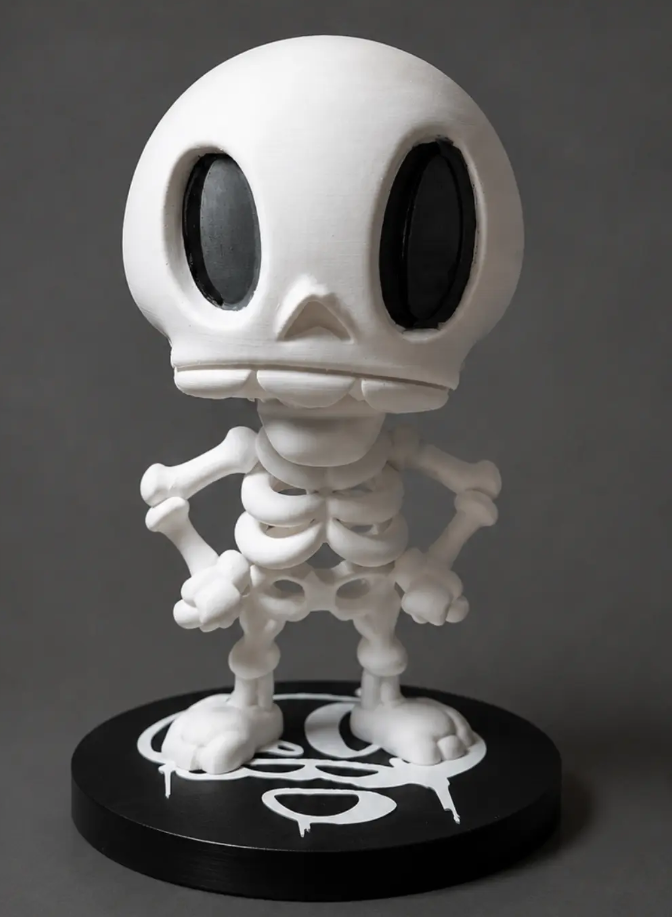 Art toy esqueleto Wake Up en resina blanca sobre peana negra