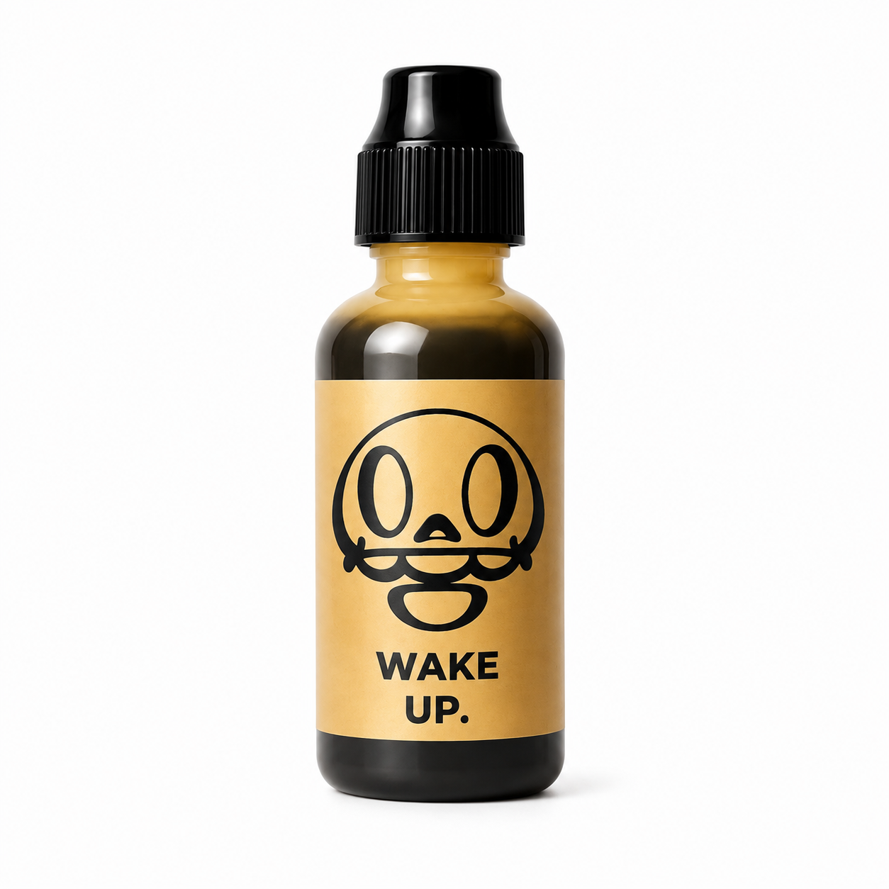 Bote de Oxid Ink Wake Up con etiqueta dorada y la mascota impresa en negro