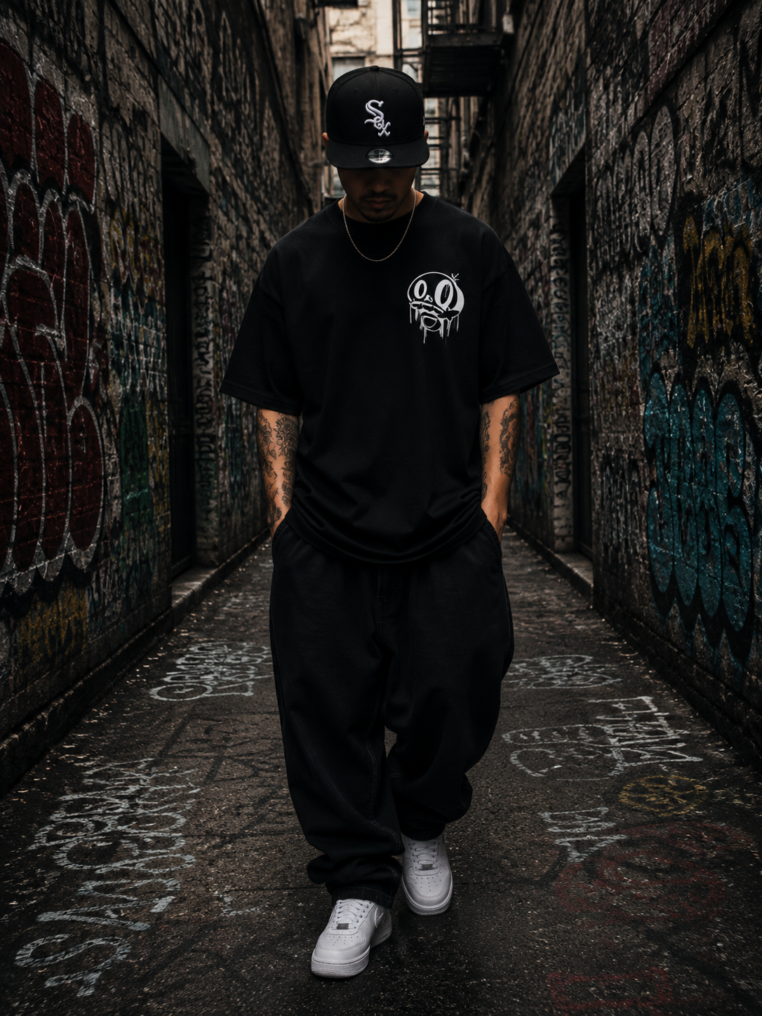 Chico con la camiseta negra LH Vandals de Wake Up vista frontal con la mascota en el pecho