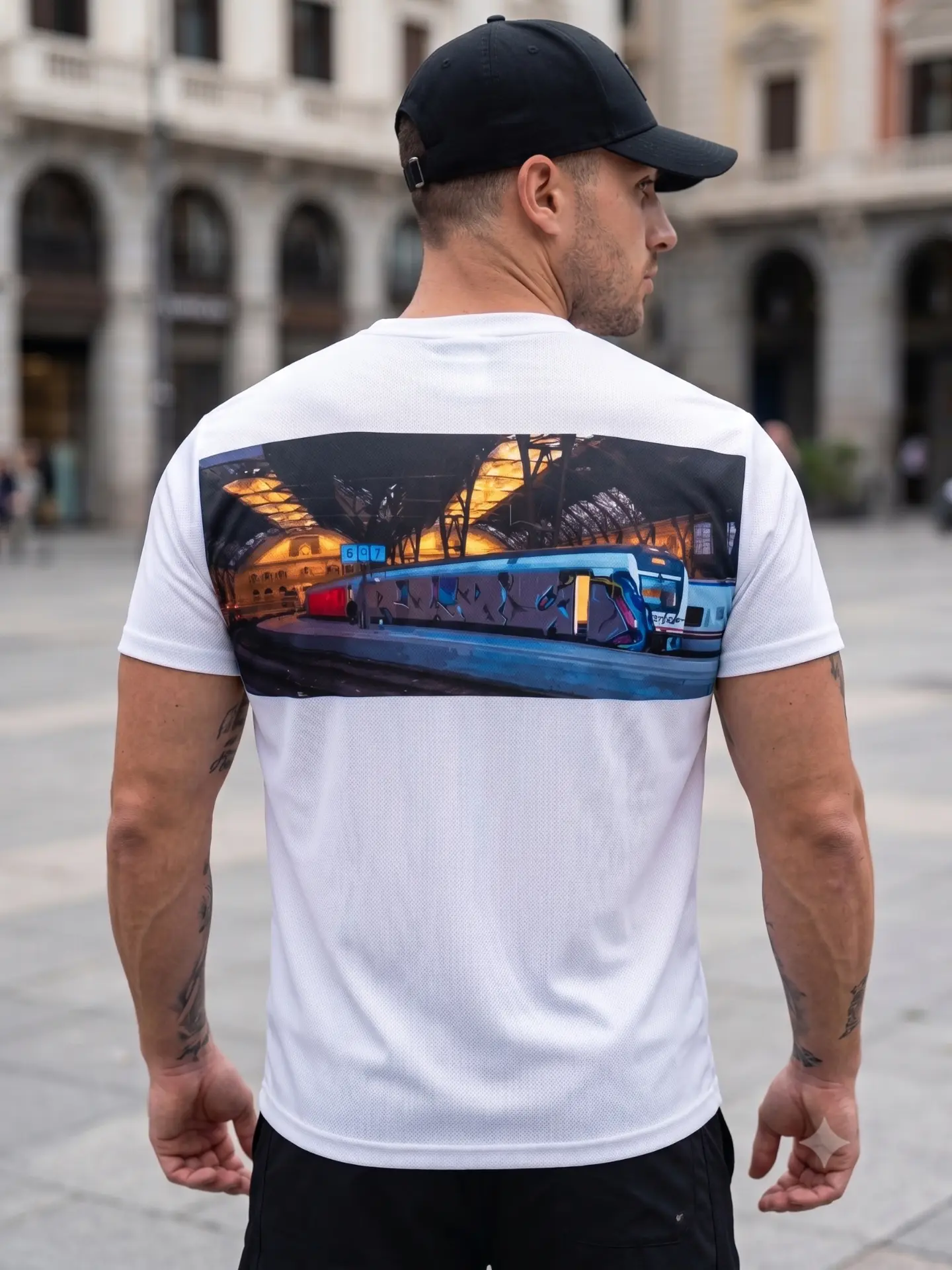 Vista trasera de la camiseta blanca Subway Hooligans con un tren pintado en la estación