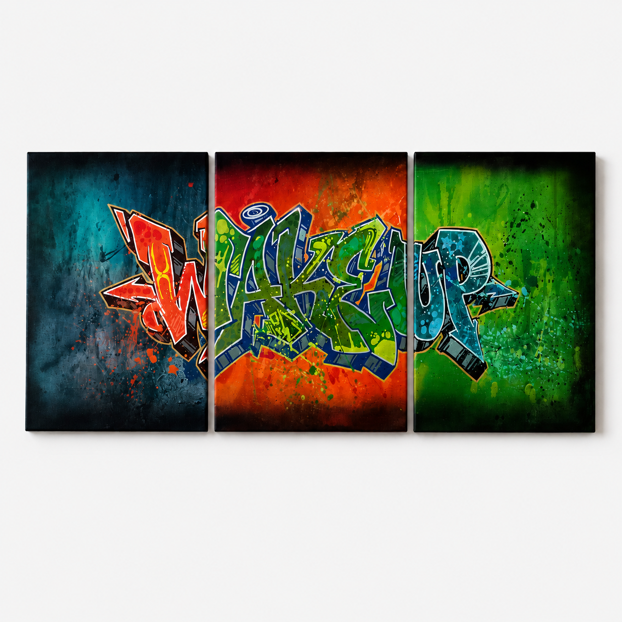 Tríptico original Wake Up pintado con spray sobre lienzo