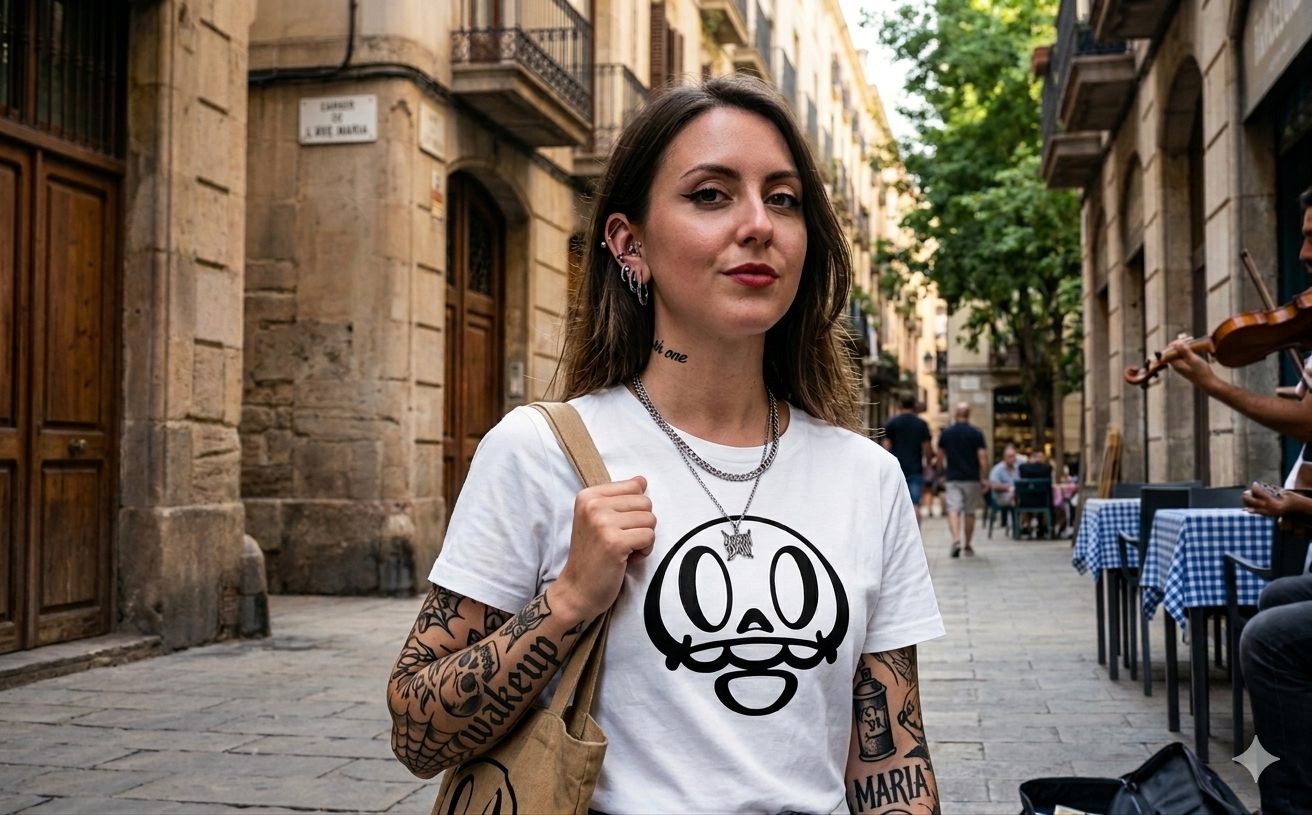 Chica en una calle de Barcelona con la camiseta blanca Wake Up con la mascota impresa en negro