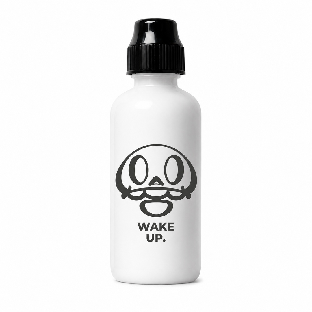 Bote blanco de tinta Wake Up con la mascota y el logo impresos en negro