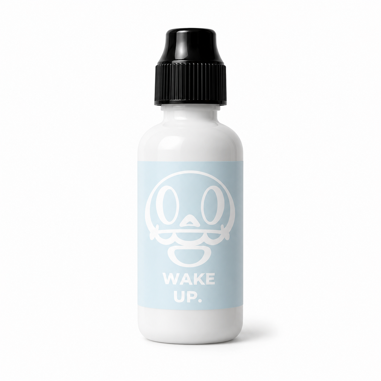 Bote de Acid Ink Wake Up con etiqueta azul claro y la mascota impresa en blanco
