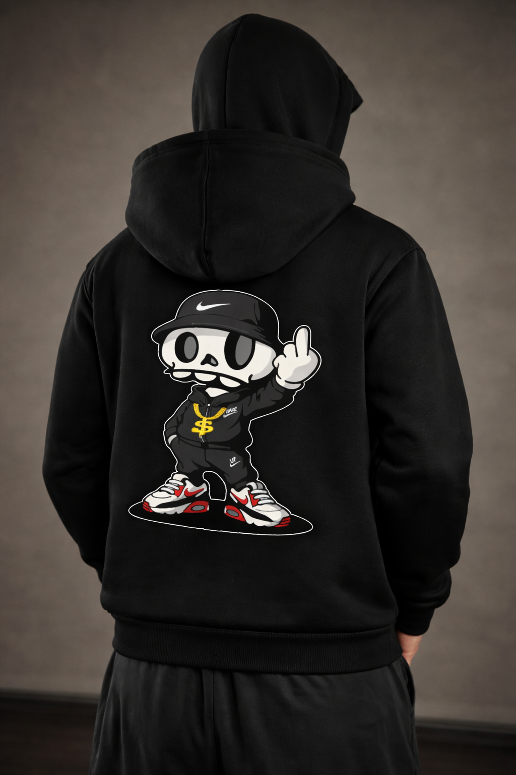 Chico de espaldas con la sudadera negra Wake Up Hiphop con la mascota esqueleto impresa