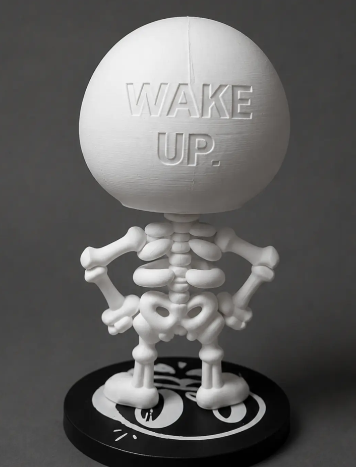 Art toy Wake Up con el lettering WAKE UP. grabado