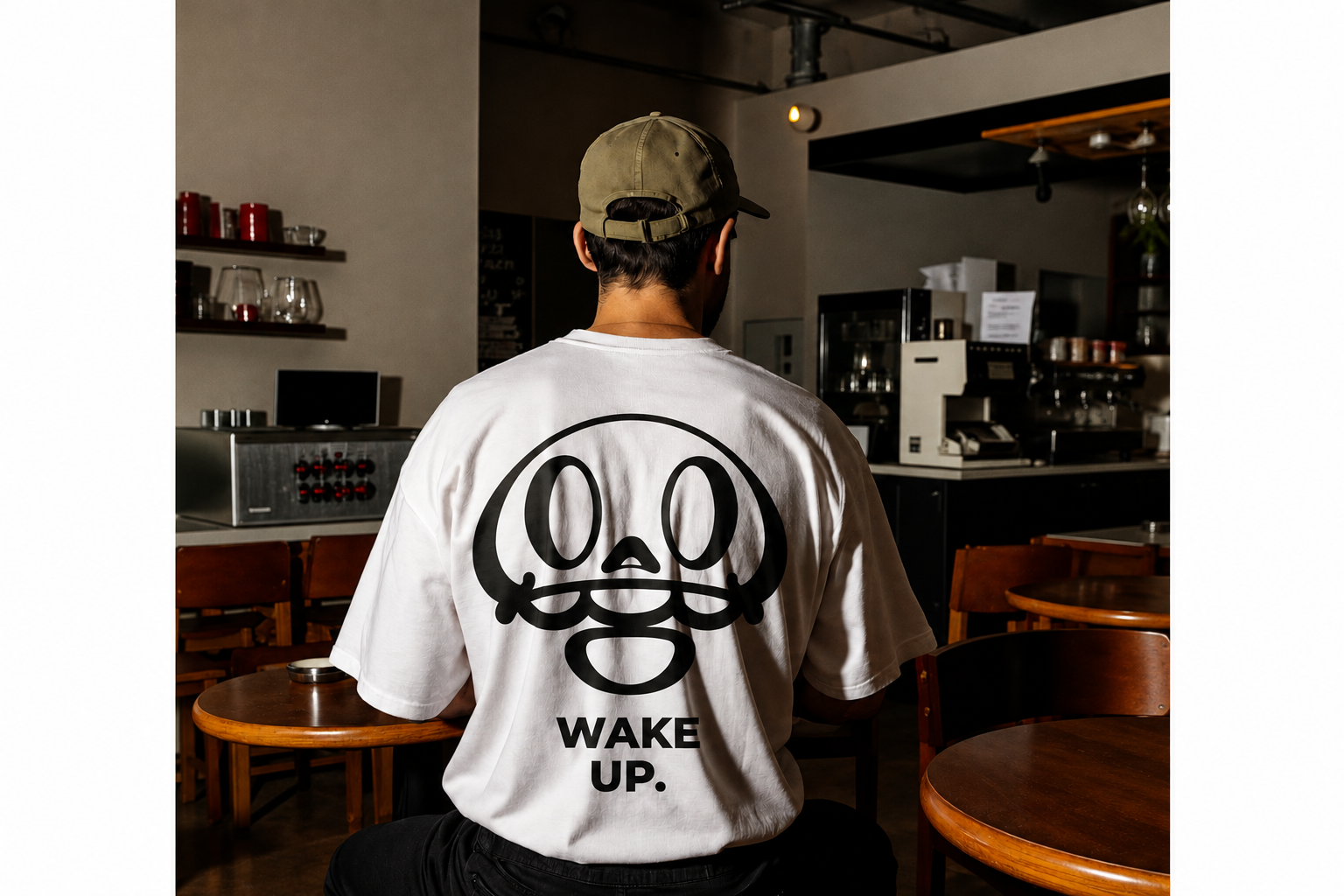 Camiseta blanca Wake Up con la mascota impresa en negro en la espalda