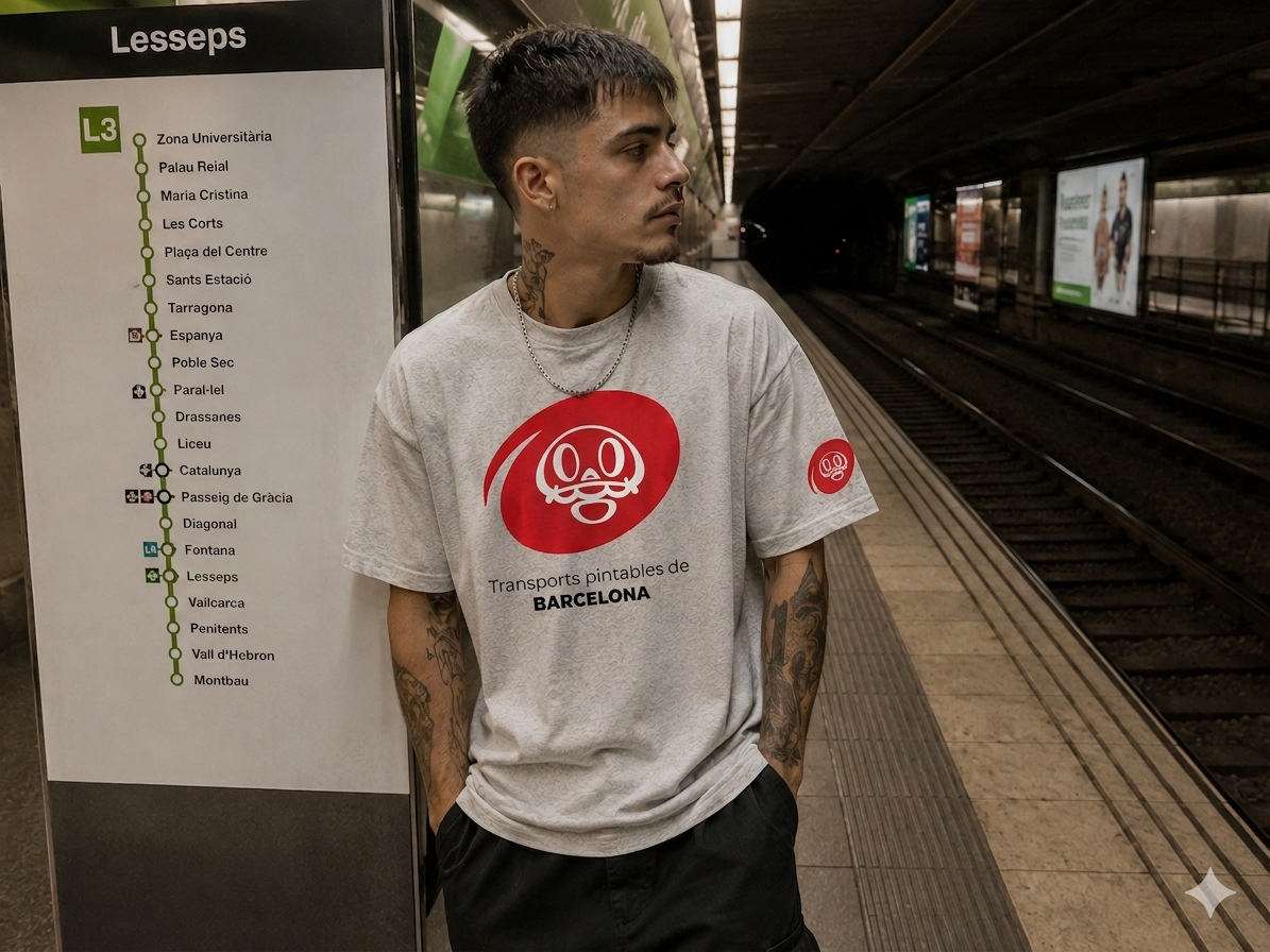 Chico en el metro de Barcelona con la camiseta gris Wake Up de Transports pintables