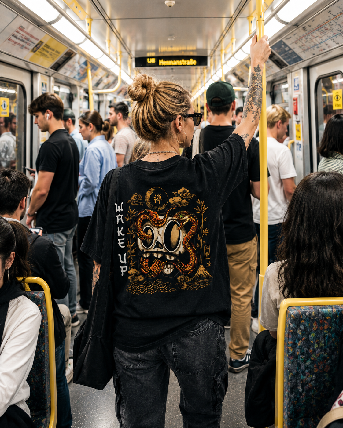 Chica en el metro con la camiseta negra Wake Up de la calavera con serpientes