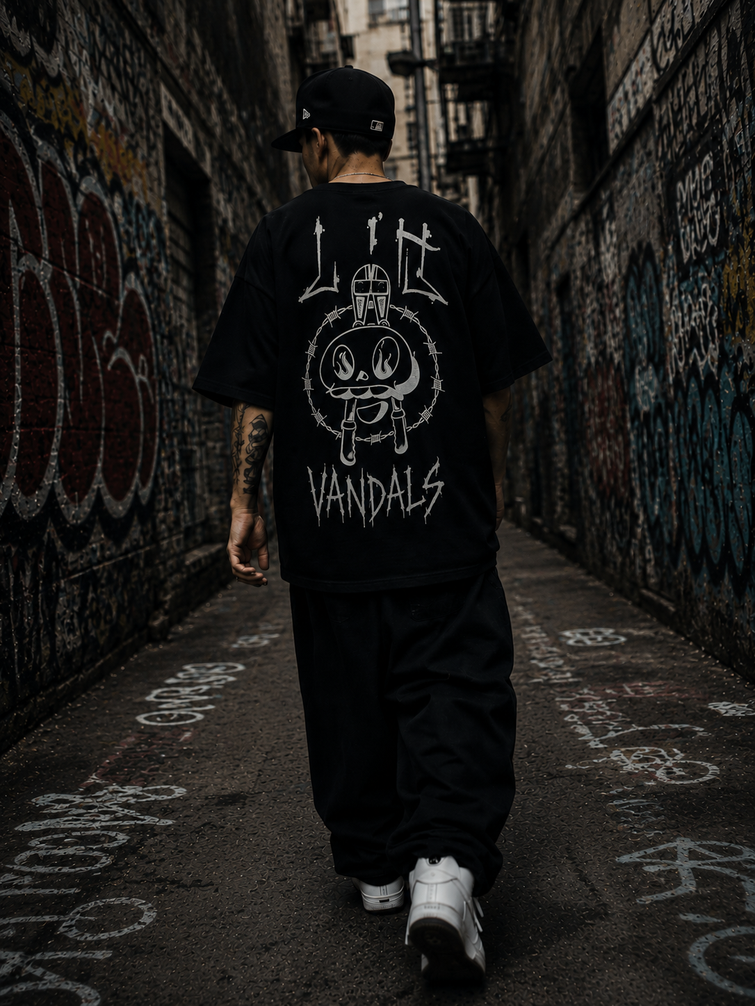 Chico de espaldas en un callejón con la camiseta negra LH Vandals de Wake Up